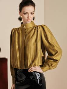Arave Women's Blouse Puff Sleeve Loose Pleated Metallic Texture Retro Stand Collar Gold Button Puff Shoulder Hidden Placket Elegant Gold Blouse Commuting - Mustard Yellow - View 3