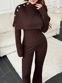 Feyla Women's Solid Color Fashion High Neck Long Sleeve Top And Slim Fit Pants Two Pieces Set - Brown - View 1