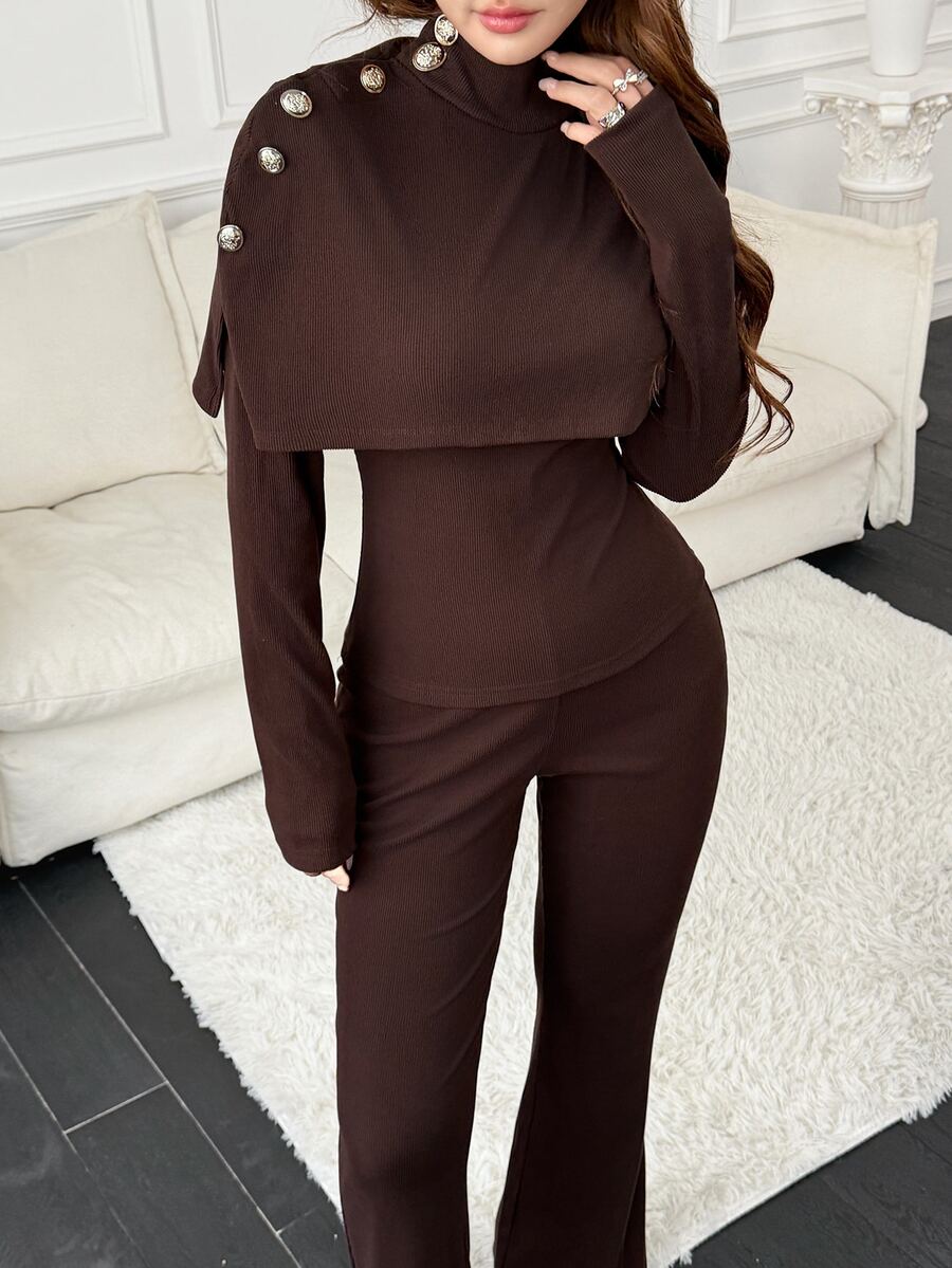 Feyla Women's Solid Color Fashion High Neck Long Sleeve Top And Slim Fit Pants Two Pieces Set - Brown - View 1