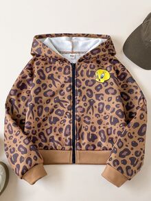 LOONEY TUNES X SHEIN 1件少女休閒運動學院風多功能棕色復古卡通豹紋寬鬆針織長袖連帽開襟衛衣 Y2K，適合日常穿著、秋冬、室內、運動、攝影、假期、生日 - 棕色 - 查看 7