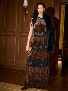 MOTF PREMIUM WOMEN'S AUTUMN/WINTER LACE PATCHWORK VELVET PLEATED LONG DRESS - Apricot - View 6