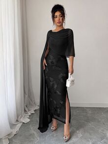 SHEIN Raffinéa 網紗花卉修身披肩洋裝，女款夏季派對晚禮服 - 黑色 - 查看 5