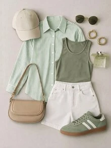 GlowEve CURVE Plus Size Collared Single-Breasted Striped Shirt & Sleeveless Tank Top 2 Pieces Set - Green - View 1