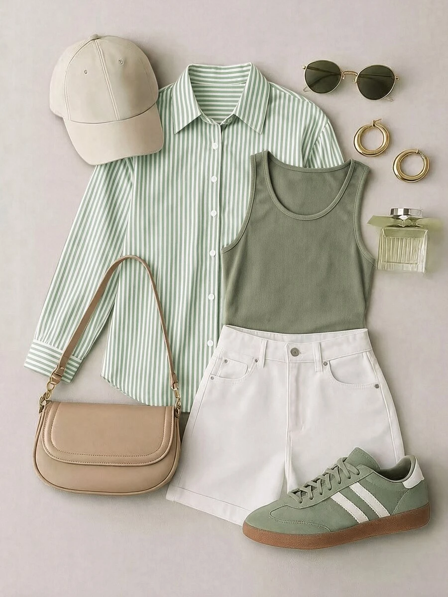 GlowEve CURVE Plus Size Collared Single-Breasted Striped Shirt & Sleeveless Tank Top 2 Pieces Set - Green - View 1