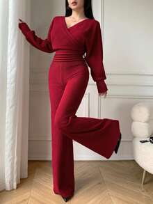 Celisse Autumn Atmosphere Burgundy Knit Jumpsuit With Criss-Cross V-Neck, Cinched Waist, Ribbed Flare Legs, Suitable For Holiday Parties, Dates, Commuting Outfits - Red - View 4