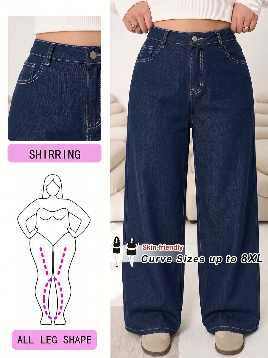SHEIN CURVE+ 大尺碼女款鈕扣口袋設計直筒牛仔褲 - 深色水洗藍 - 查看 1