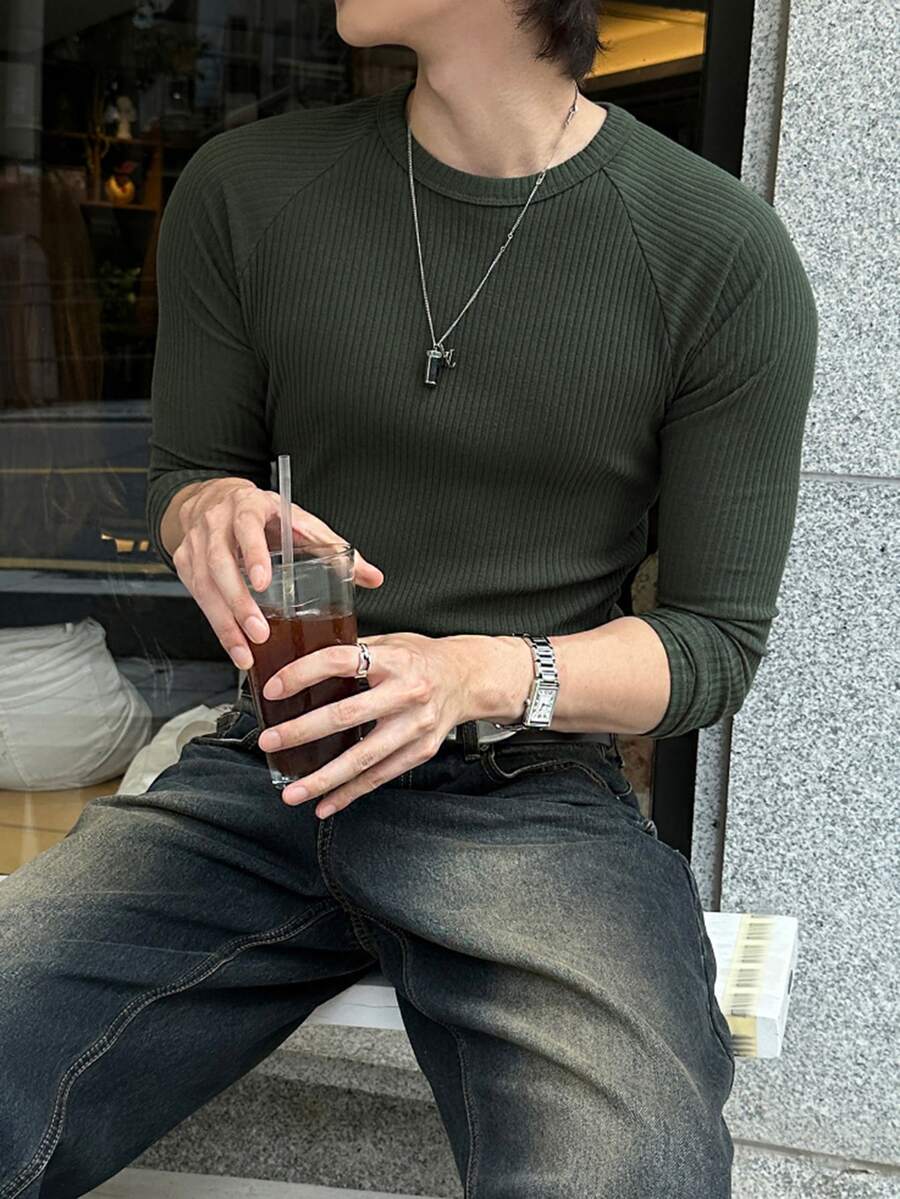 DAZY Olive Green Slim Fit Ribbed Elastic Fabric Men's Crew Neck Long Sleeve T-Shirt, Spring/Autumn - Olive Green - View 1