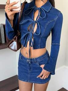 Rivivi Women's Collared Long Sleeve Tie-Front Cropped Denim Top - Blue - View 6