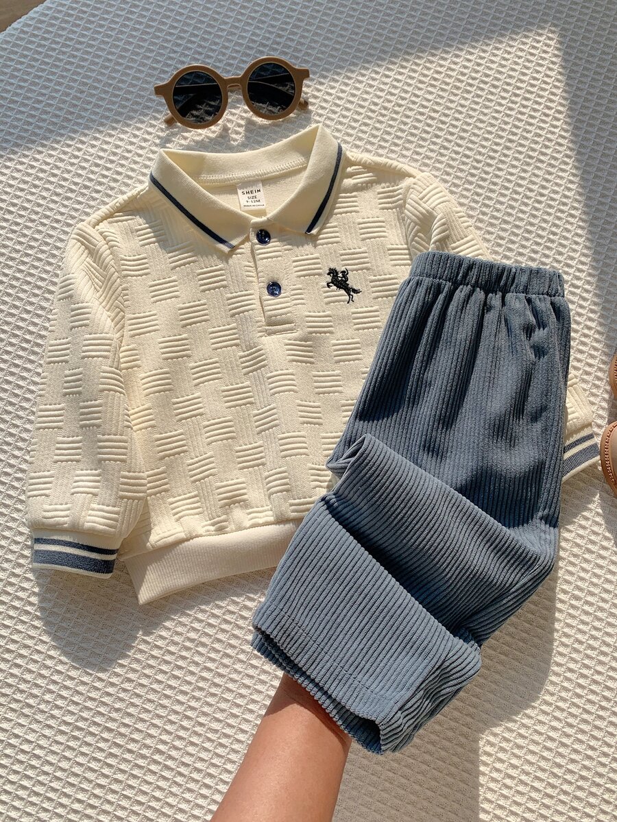 SHEIN 男嬰騎士圖案長袖 Polo 衫與長褲休閒日常套裝 - 彩色 - 查看 1