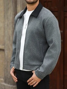 Manfinity Homme Men's Contrast Color Lapel Wool Jacket, Mature Casual Zipper Short Overcoat, Suitable For Halloween, Christmas, New Year, Gifts - Grey - View 6