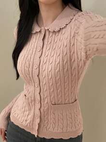 DAZY Solid Color Slim Fit Long Sleeve Turn Collar Cable Knit Casual Vacation Korean Style Versatile Autumn Winter Cardigan For Women - Pink - View 6