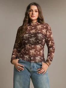 Freevana Plus Size Women Vintage Floral Print Frill Trim Blouse - Brown - View 3