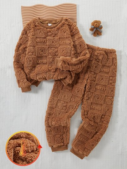 Boys' Brown Lamb Fleece Jacquard Long Sleeve & Long Pants Loungewear Pajama Set, Warm And Comfortable Fabric, Lazy Home Style, Perfect Gift For Boys