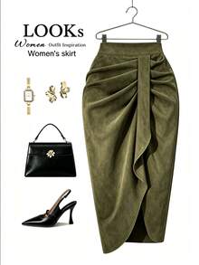 SHEIN Franclia Women's Autumn/Winter Fashion Asymmetrical Hem Pleated Slit Skirt - Dark Green - View 3