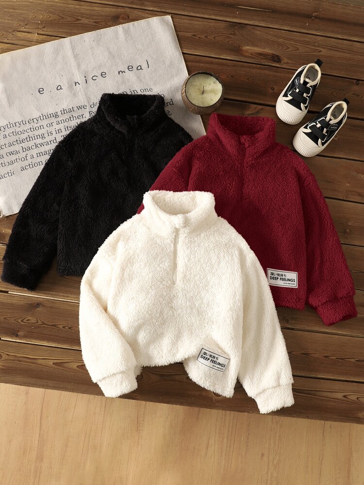 SHEIN Kids 3pcs Young Girl Solid Color Stand Collar Half-Zip Fleece Cropped Autumn Winter Hoodie Set, Double-Sided Fleece Au - Multicolor - View 4
