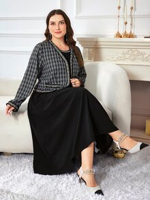 Modelyn Women's Long Sleeve Cardigan & Maxi Dress Set, Slimming Elegant Casual Commute Autumn/Winter Plus Size 2 Pieces Outfit - Multicolor - View 3