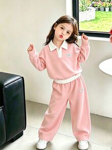 Genkimix Kids 少女款 2 件式復古美式學院風棕色上衣與寬腿褲套裝，休閒秋季長袖圓領穿搭 - 粉色 - 查看 1