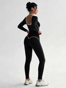 SHEIN Dewbera Women's Minimalist Long Sleeve Top And Striped Colorblock Pants Sports Set - Black - View 2