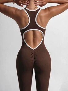 Slayform Women's Hollow Back Contrast Color Sports One-Piece Jumpsuit - Brown - View 3