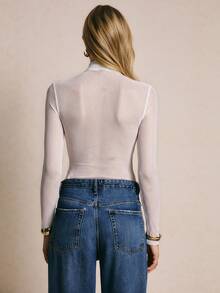 Poéselle Women's Solid Color Casual Daily Long Sleeve Bodysuit - White - View 2