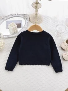 SHEIN Vintaside Kids Baby Girls Cardigans Spring Autumn Knit Long Sleeve Elegant Solid Color Short Style Shawl Jacket Fashion Versatile - Navy Blue - View 2
