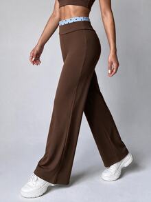 Dewbera Dewbera Women's High Elastic Brown & Blue Color Block Polka Dot Wide Leg Sports Pants For Yoga, Workout, Fitness, Running - Brown - View 4