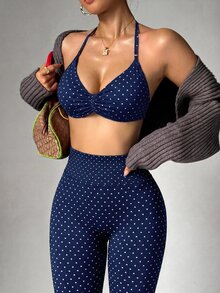 SHEIN Dewbera Women's Polka Dot Print Halter Neck Tank Top & High Waist Tight Leggings Sports Set - Navy Blue - View 2