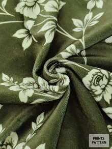 Linhara Blus Wanita Ukuran Plus Elegan, Kasual, Minimalis & Serbaguna Motif Acak Hijau Vintage Lengan Lebar dengan Bagian Depan Setengah Terbuka dan Kerah Tegak Kecil, Cocok untuk Musim Semi dan Gugur - Hijau - View 7