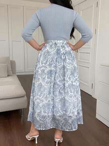 Dazy Plus Elegant Solid Color Stand Collar Top & Floral A-Line Skirt 2 Pieces Set, Early Autumn New Arrival - Blue - View 5