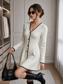 Easowa Women's Metal Decor Shell Embroidery Long Sleeve Sweater Dress - White - View 2