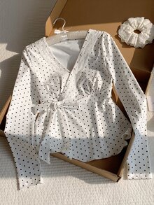 Comfortcana Women's Korean Style Sweet Polka Dot Print Lace Patchwork Long Sleeve T-Shirt Casual Blouses 2000s Style Work Tops - Black and White - View 7