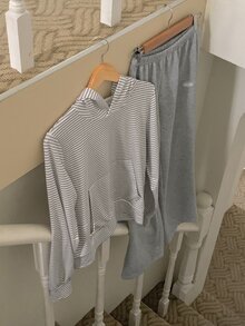 DAZY Women's Striped Long Sleeve Top And Pants Casual Daily Loungewear Set - Grey - View 4