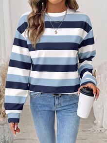 SHEIN LUNE 女款衛衣，秋季服飾，休閒極簡復古優雅通勤百搭保暖印花圖案藍白條紋，秋季穿搭，女款通勤穿搭，百搭上衣，外出穿搭，機場穿搭 - 白色 - 查看 1