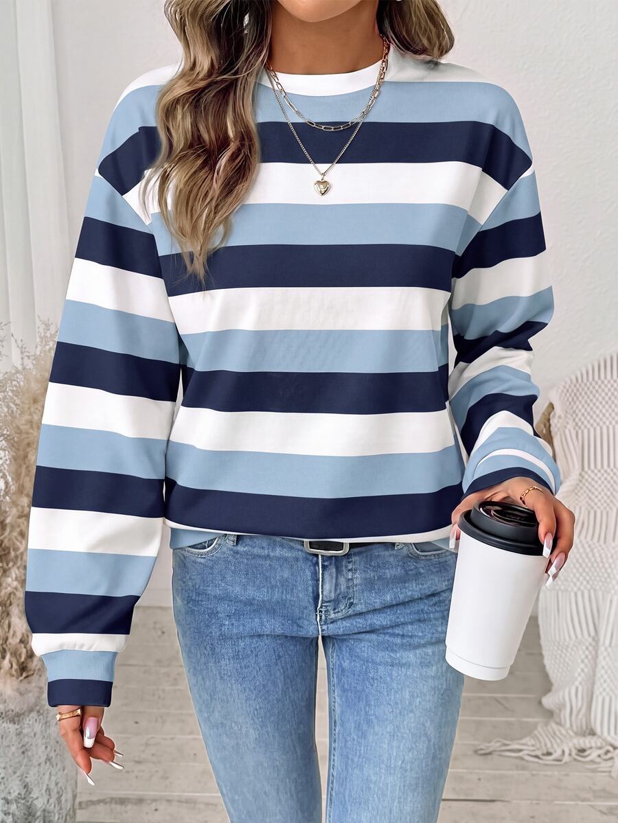 SHEIN LUNE 女款衛衣，秋季服飾，休閒極簡復古優雅通勤百搭保暖印花圖案藍白條紋，秋季穿搭，女款通勤穿搭，百搭上衣，外出穿搭，機場穿搭 - 白色 - 查看 1