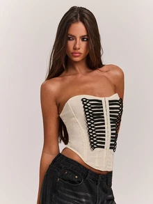 SHEIN BAE Atasan Tube Tanpa Tali Seksi Wanita Musim Gugur & Musim Dingin dengan Trim Webbing Warna Kontras yang Elegan - Hitam dan Putih - View 6