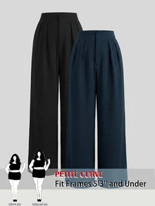 SHEIN PETITE CURVE 大尺碼直筒高腰素色百褶長褲 - 彩色 - 查看 3