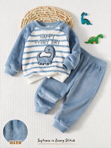Cozy Pixies 男嬰卡通刺繡插肩袖套頭運動衫與長褲套裝 - 藍色 - 查看 3
