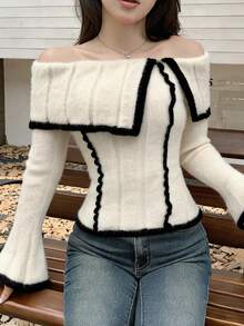 DAZY Contrast Color Patchwork Off-Shoulder Turn-Down Collar Slim Fit Pure Desire Flare Sleeve Knit Sweater For Women - White - View 4
