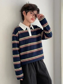 DAZY 青少年男孩條紋拼接休閒日常長袖T恤 - 藏蓝色 - 查看 6
