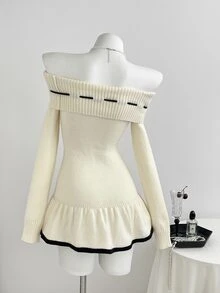 Elamini Women's Autumn/Winter Sexy Sweet Party Dress Off-Shoulder Sweater Dress For Photo Shoots - Apricot - View 2