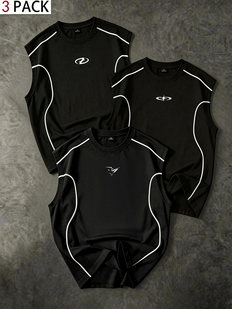 Sport MetroGents Herrs minimalistisk slim fit sportlinne med randigt mönster - Svart - Visa 1