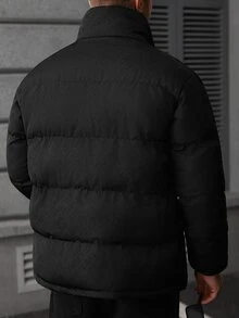 SLATEMANN Herrkappa med dragkedja, lång ärm, enfärgad, vadderad vinterjacka - Svart - Visa 2