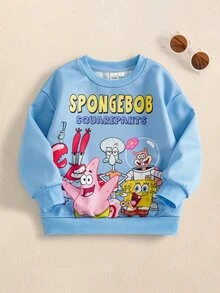 SpongeBob SquarePants | SHEIN Young Boy Cartoon Print Long Sleeve Crew Neck Sweatshirt - Blue - View 1