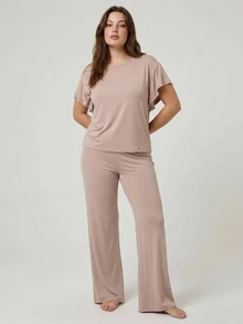 Dazy Plus 2pcs Solid Color Casual Long Pants Homewear Pink Pajama Set - Pink - View 3