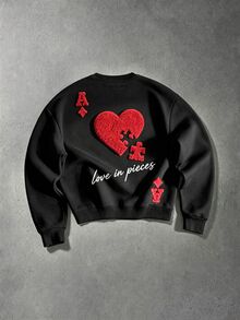 Manfinity Roghcode 男士 3D 紋理刺繡愛心圖案圓領長袖套頭衛衣，街頭風，假日海灘黑紅配色秋季款 - 黑色 - 查看 2