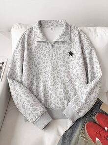 SHEIN 青少年女孩半拉鍊寬鬆運動衫，豹紋印花，街頭風，適合日常通勤 - 灰色 - 查看 10