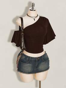 SHEIN ICON 女款素色不對稱肩休閒日常穿搭上衣 - 咖啡棕 - 查看 3