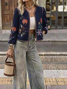 Brillora Women's Floral Pattern Casual Daily Long Sleeve Jacket - Navy Blue - View 1