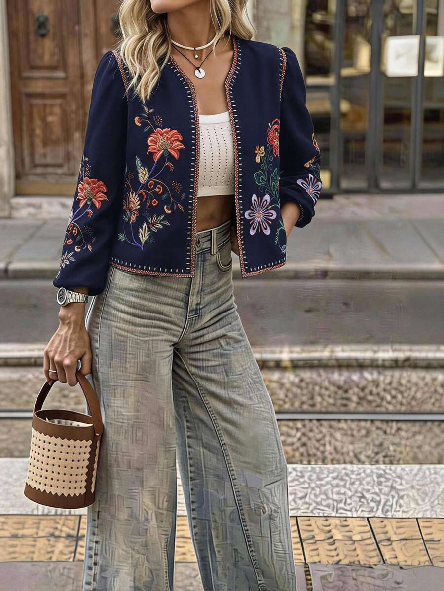 Brillora Women's Floral Pattern Casual Daily Long Sleeve Jacket - Navy Blue - View 1