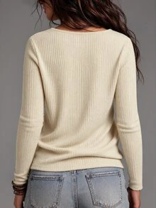 LUMIGAL Brown Vertical Ribbed Knit Cowl Neck Draped Ruched Long Sleeve Fitted Top, Front Pleated Design, Elegant Fashion Layering Style, French Chic Commuter Vibe, Suitable For Office, Commuting, Dating, Inner Layering, Daily Wear And Street Style, Spring/Autumn Women's Knit Top - Apricot - View 2